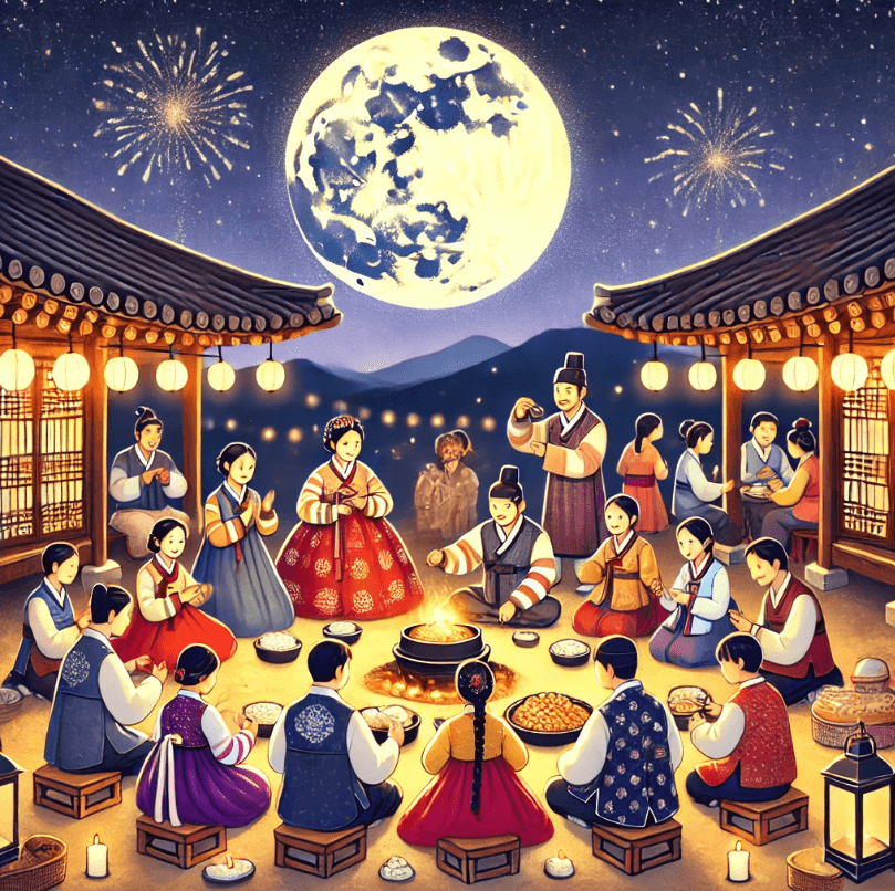 "정월대보름 축제 모습 – 밝은 보름달 아래에서 한복을 입은 사람들이 쥐불놀이를 즐기고, 전통 음식을 나누며 축제를 즐기는 장면"